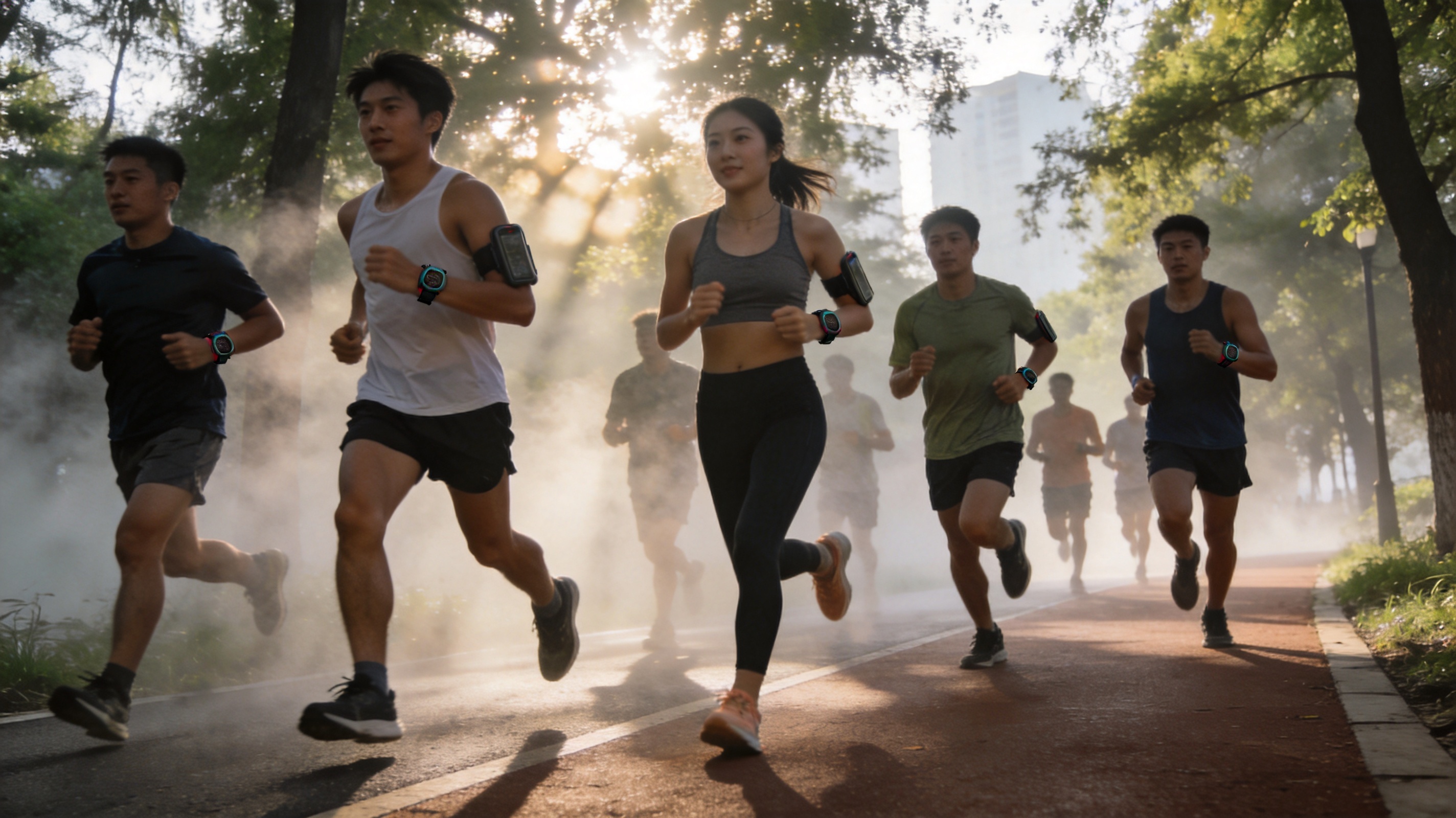 城市跑步运动：跑者在清晨的城市绿道中奔跑，享受户外运动乐趣